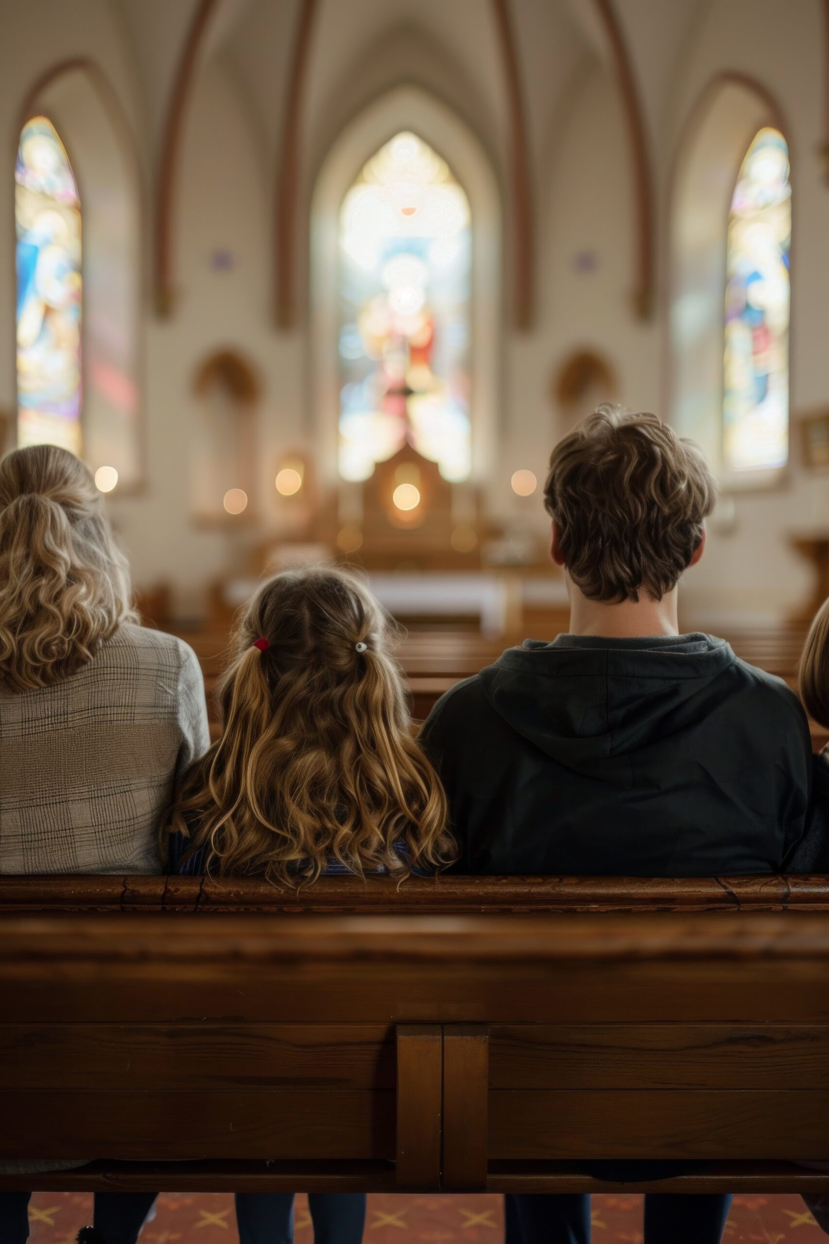 Christian family on a church bench, heads bowed in prayer, capturing solemnity and shared devotion